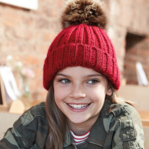 Childrens Fur Pom Pom Chunky Beanie